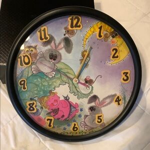 Vintage 70s Record Album Whimsical Baby/Bunny Wall Clock - Black Frame